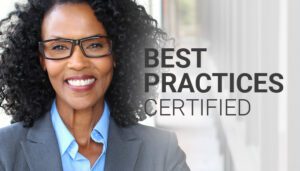 “Best practices certified” text and a headshot of a woman